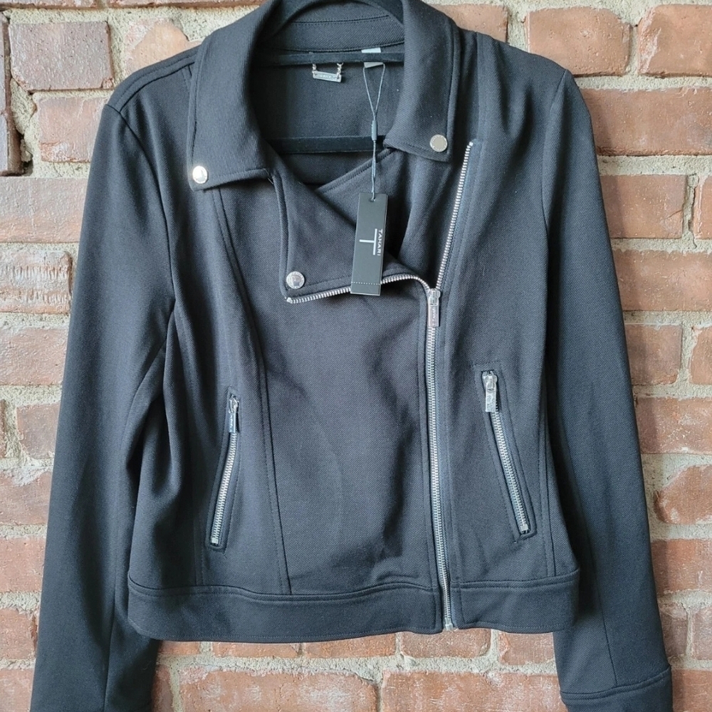 T Tahari Black Knit Moto Jacket